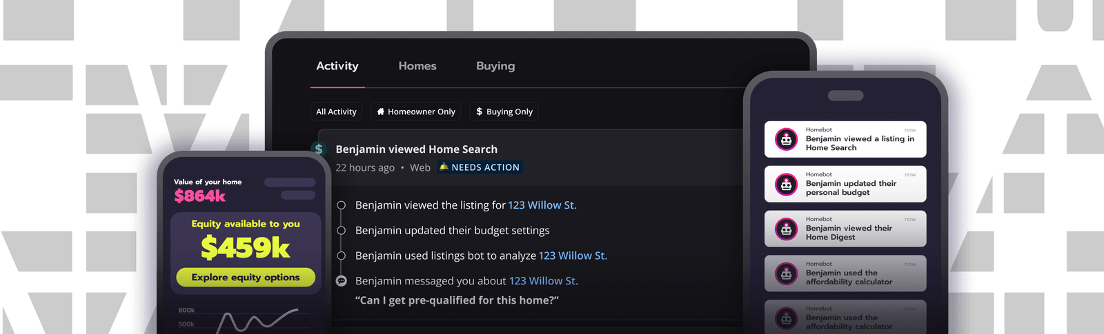 Two smartphones and a tablet displaying a client's activity when viewing details about their home, and their home search journey
